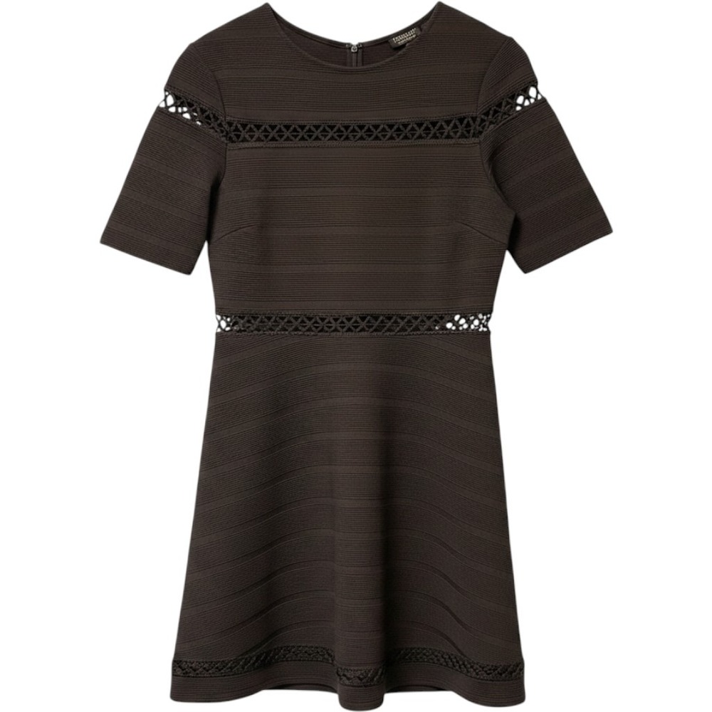 Topshop Black Lattice Cut Out Short Sleeve Fit Flare‎ Ribbed Mini Dress Size 8